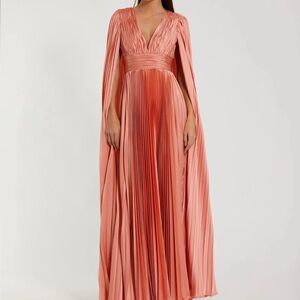 Mac Duggal Peach Pleated Charmeuse V Neck Gown With Cape